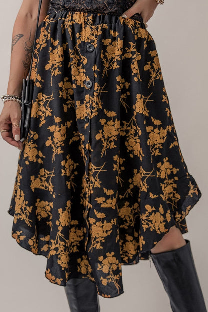 Floral Buttoned Ruffle Hem Skirt.