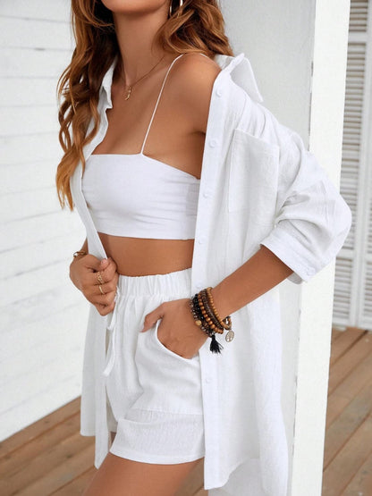 Dropped Shoulder Button Up Shirt and Shorts Set.