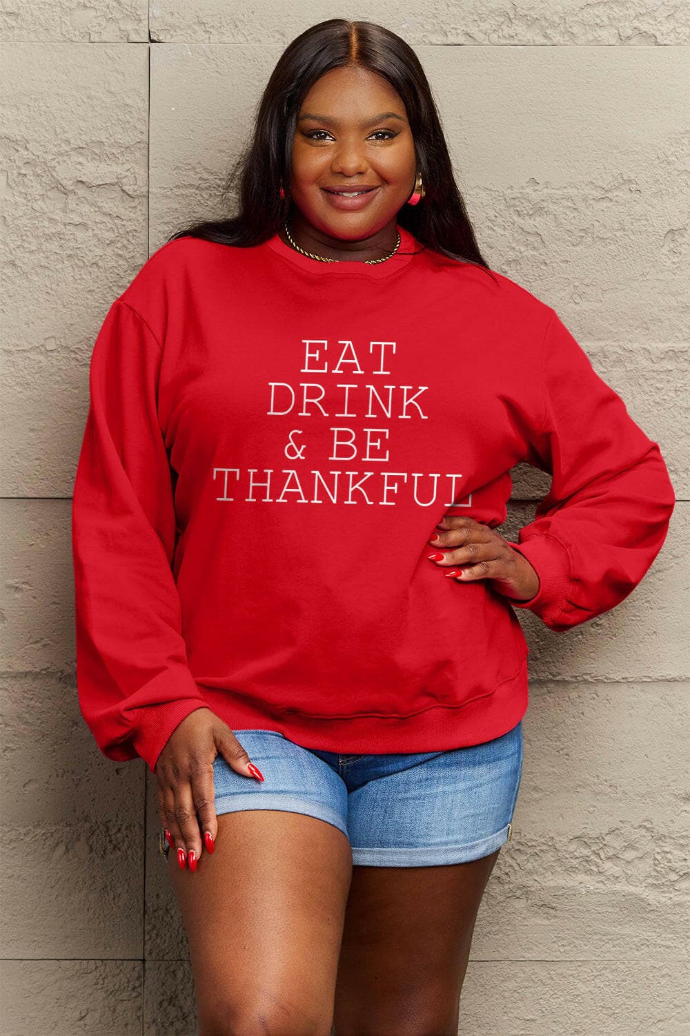 Simply Love Full Size EAT DRINK & BE THANKFUL Round Neck Sweatshirt.