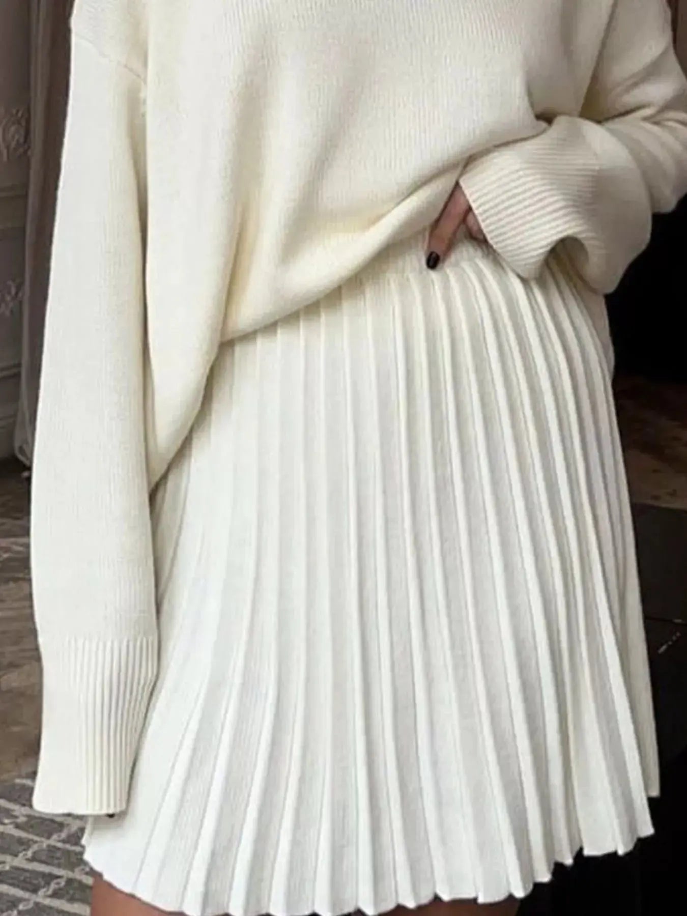 Round Neck Top and Pleated Skirt Sweater Set Simply Love