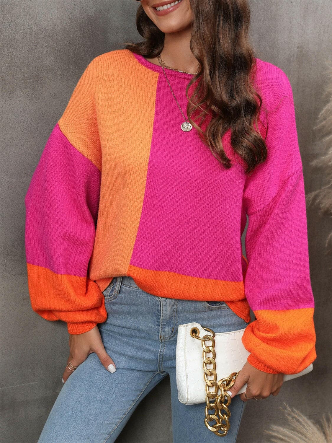 Color Block Round Neck Sweater.