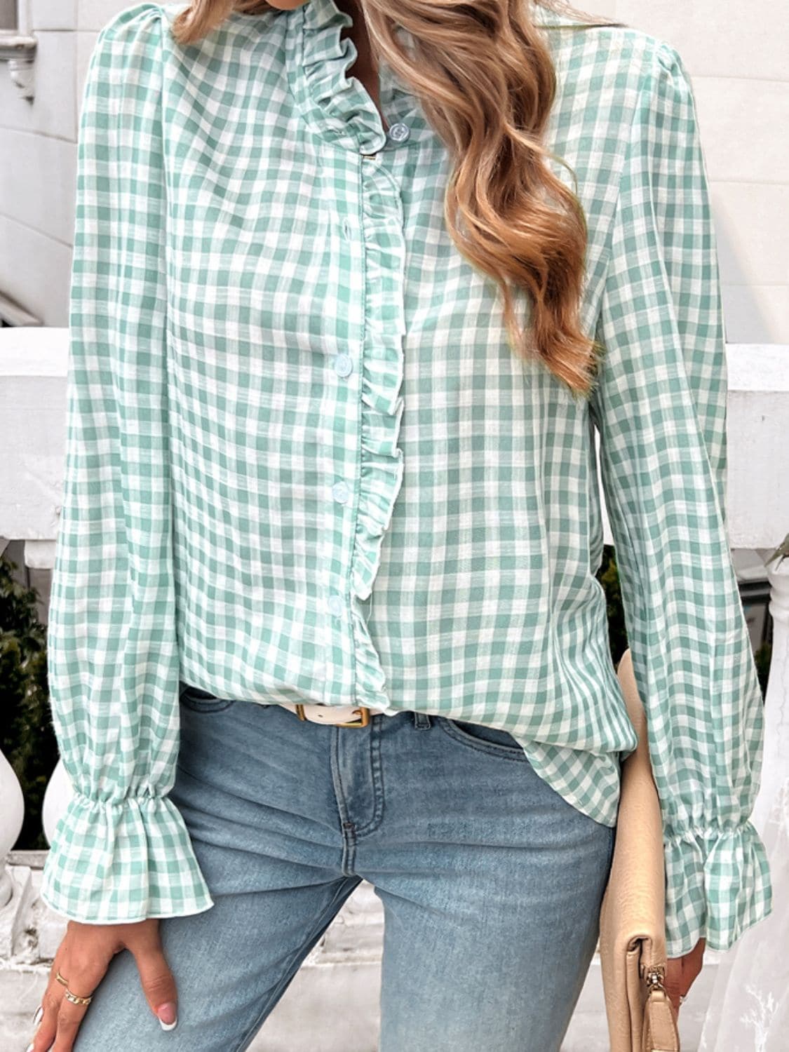 Frill Ruffled Plaid Long Sleeve Shirt.