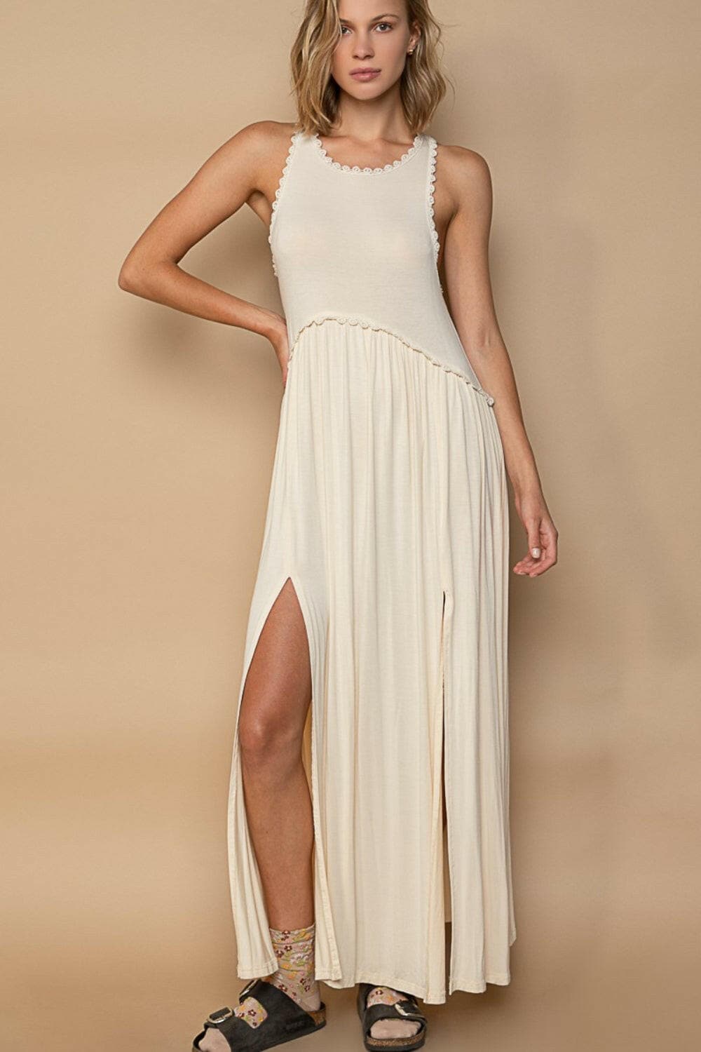 POL Sleeveless Back Zipper Front Slit Maxi Dress.