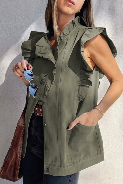 Green Bay Ruffled Patchwork Denim Jacket Vest For Women