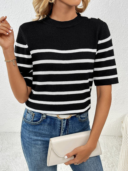 Striped Round Neck Half Sleeve Knit Top.