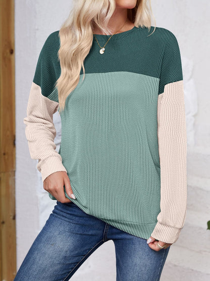 Color Block Round Neck Long Sleeve Sweatshirt.