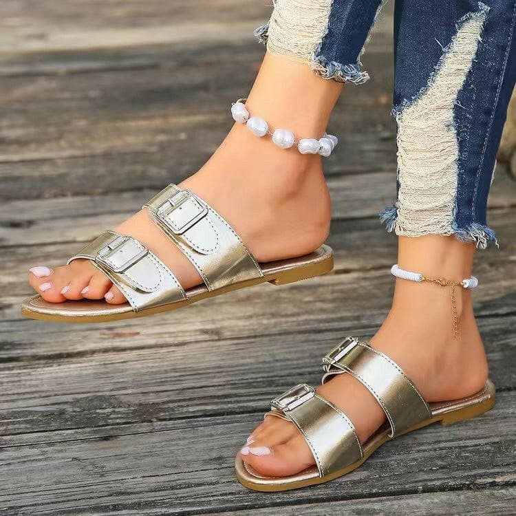 Open Toe Double Buckle Sandals.