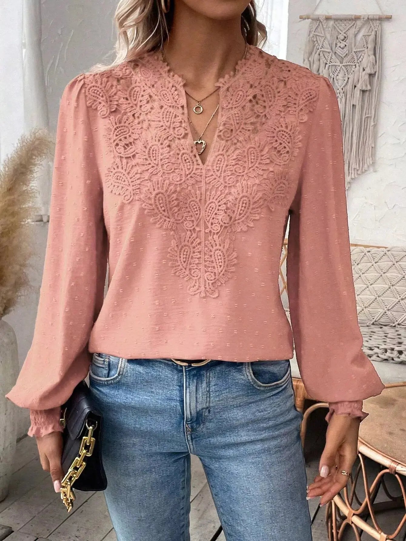 Lace Trim Long Sleeve Blouse Simply Love