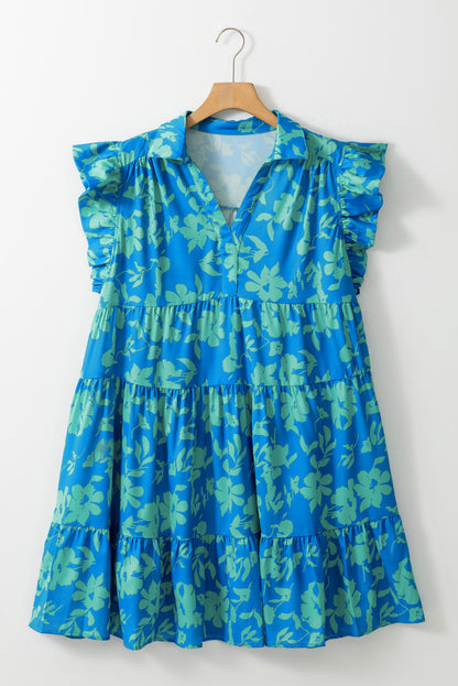 Sky Blue Plus Size Floral Print Flutter Sleeve Buttoned Mini Dress