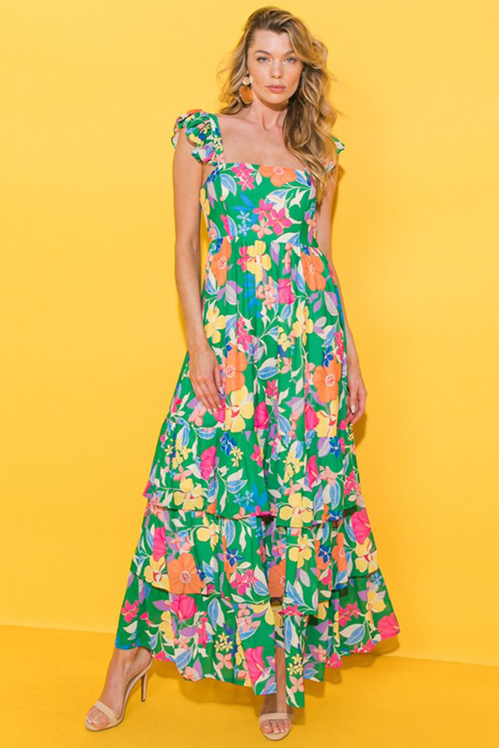 Green Floral Print Sleeveless Ruffle Tiered Maxi Dress Delight