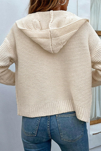 Cable-Knit Dropped Shoulder Hooded Cardigan.