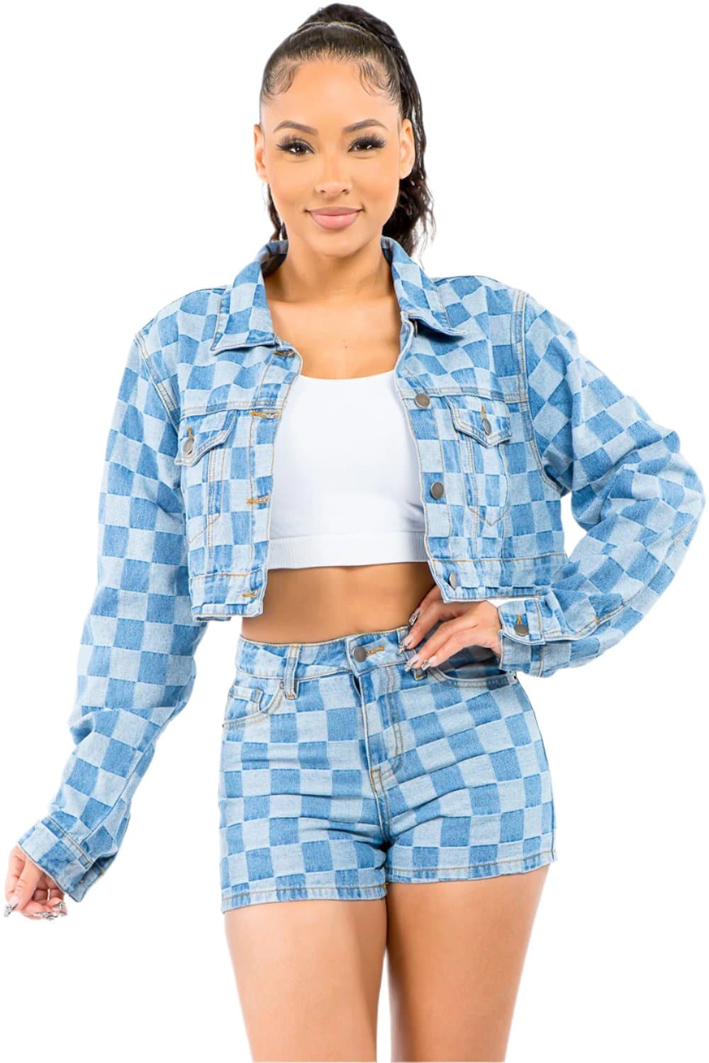 American Bazi Checkered Long Sleeve Cropped Denim Jacket.