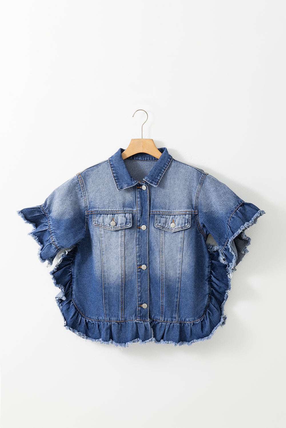 Peacock blue ruffled denim jacket