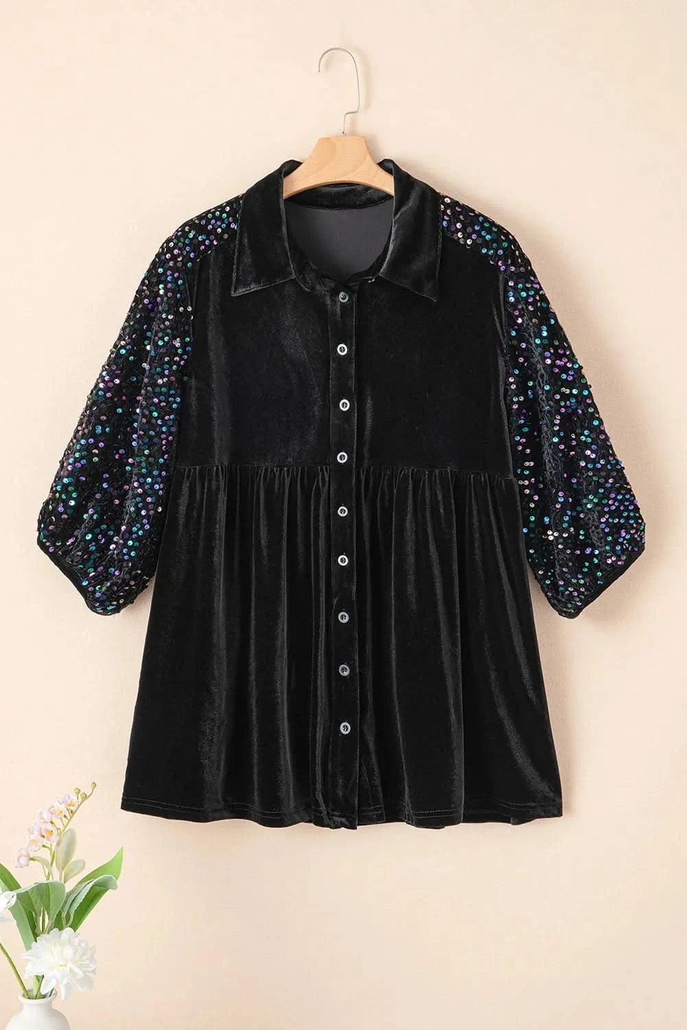 Sequin embellished collared oversized shirt with three-quarter sleeves