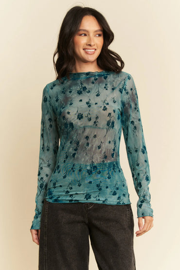 Davi & Dani Floral Mesh Long Sleeve Sheer Layering Top - Love Salve 