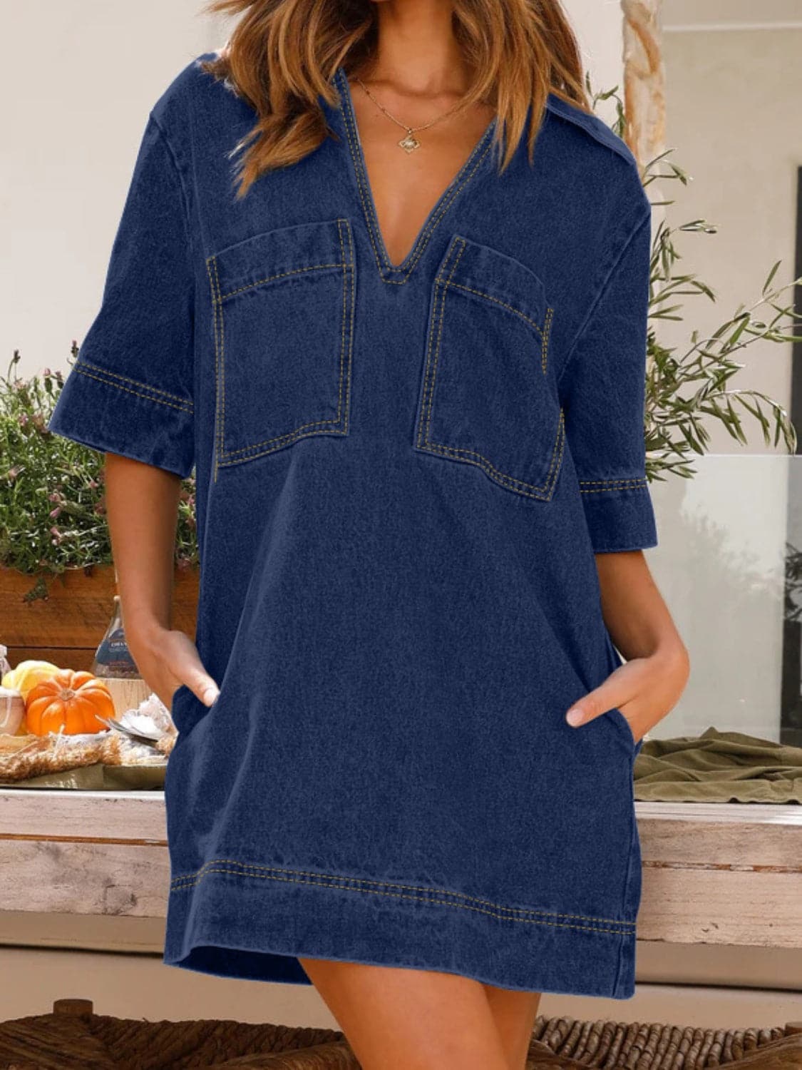 Johnny Collar Half Sleeve Denim Dress.