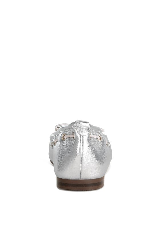 Chic metallic bow detail ballerinas with eyelet accents