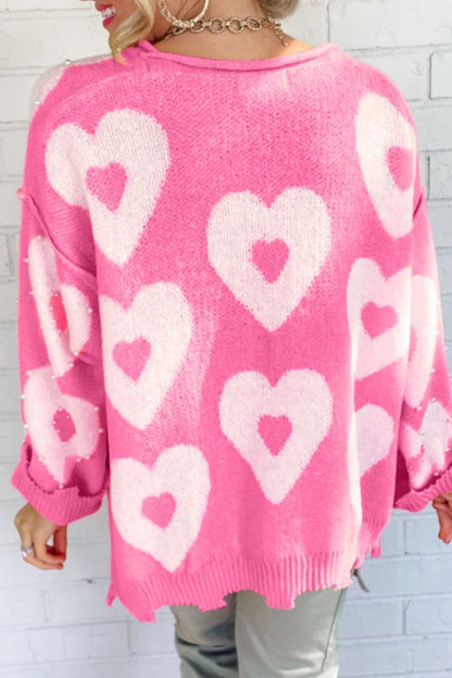 Pearl Detail Heart Round Neck Long Sleeve Sweater.