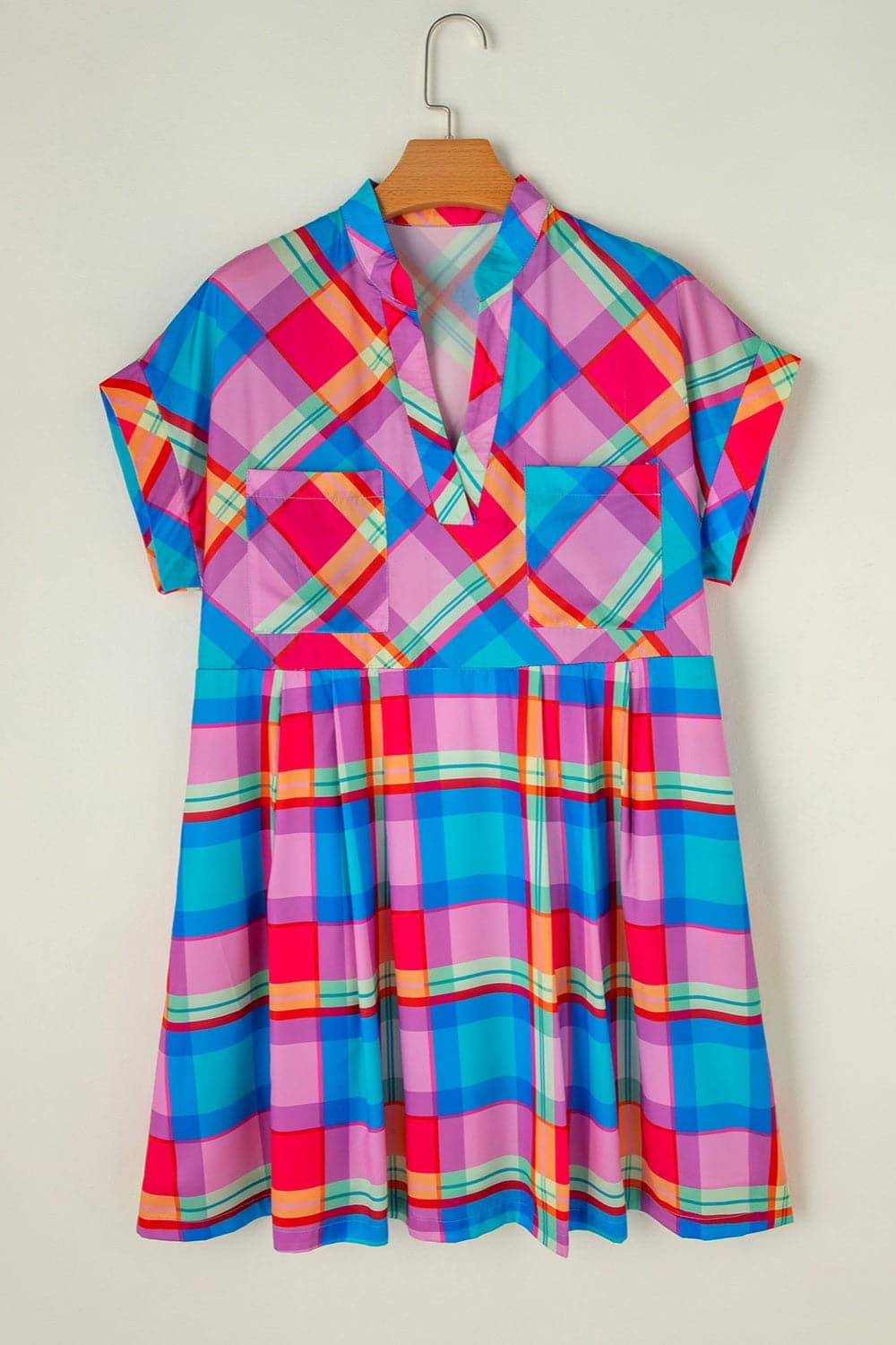 Plaid Notched Short Sleeve Mini Dress.