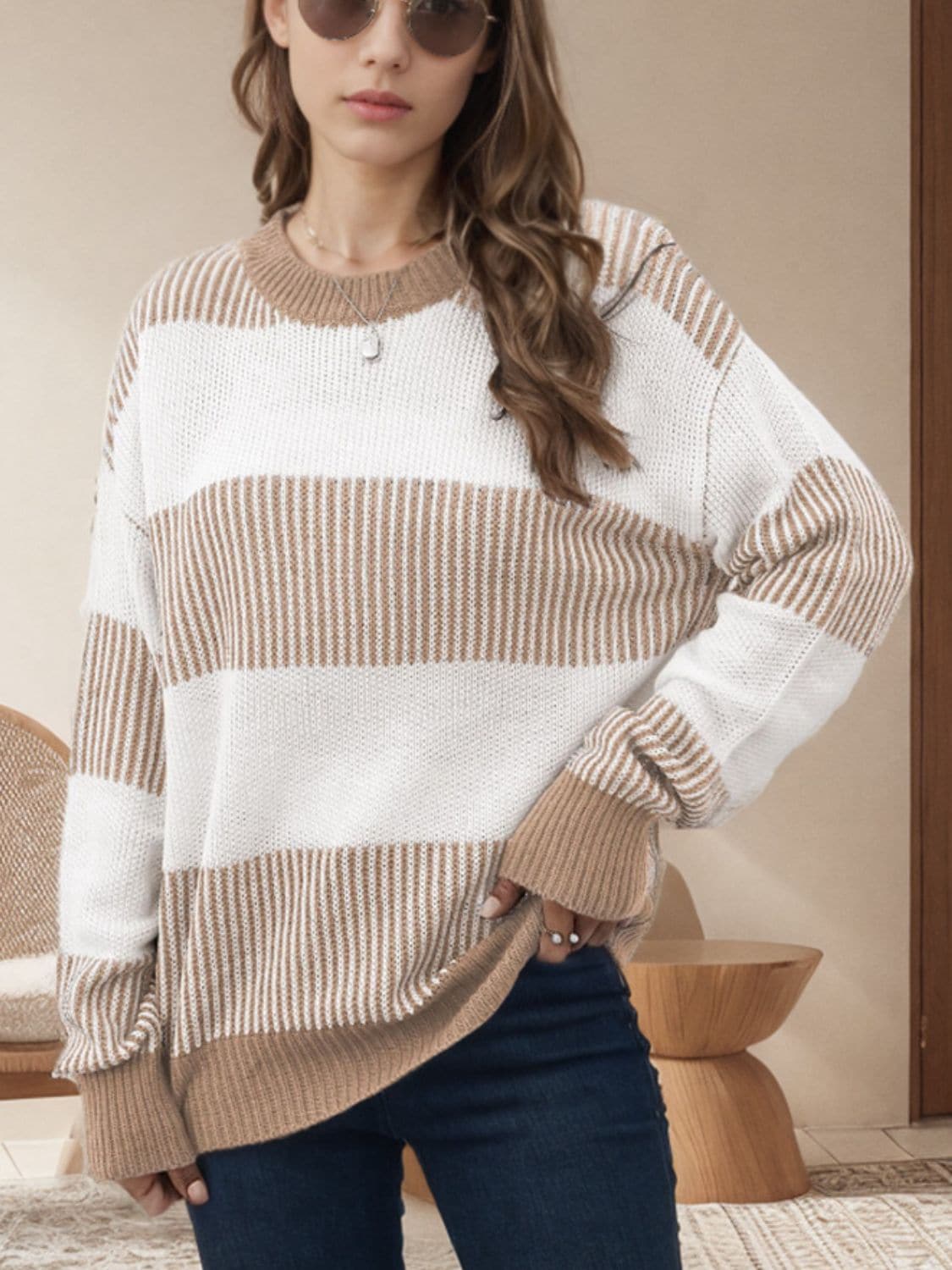 Chic striped long sleeve sweater with round neck