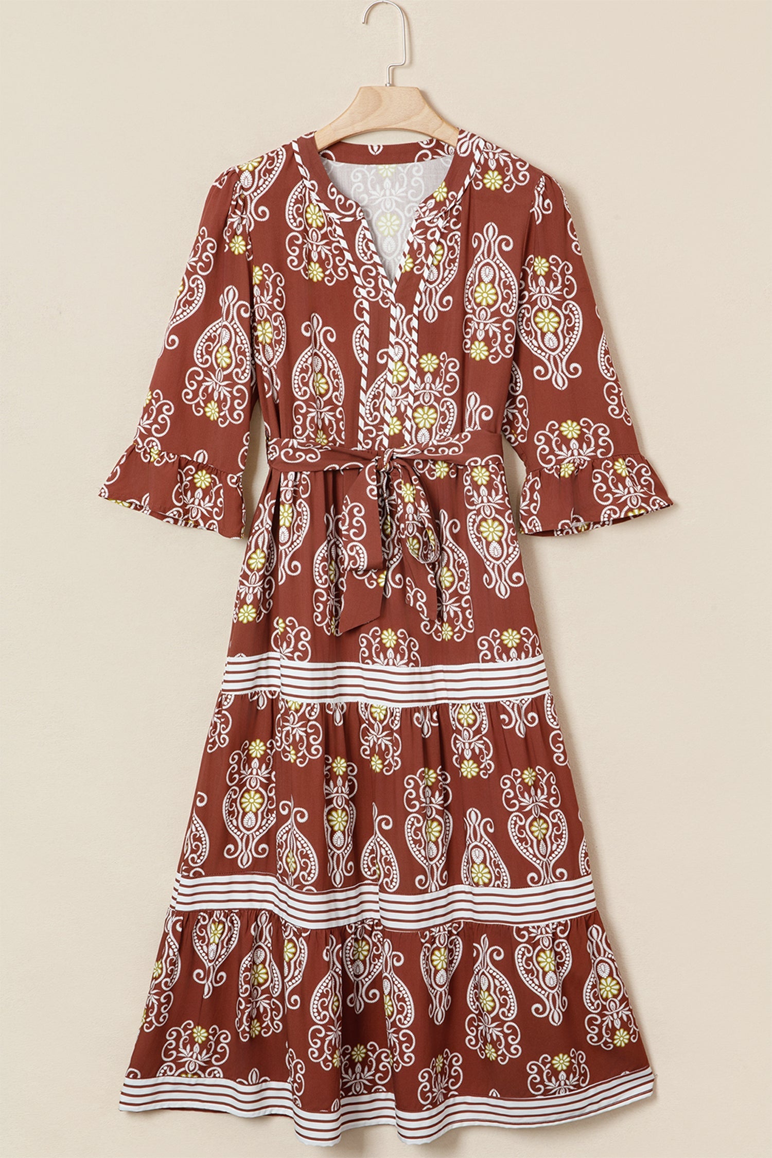 Brown Floral Print Belted Tiered Maxi Dress With Striped Trim Dear-Lover Dropshipping