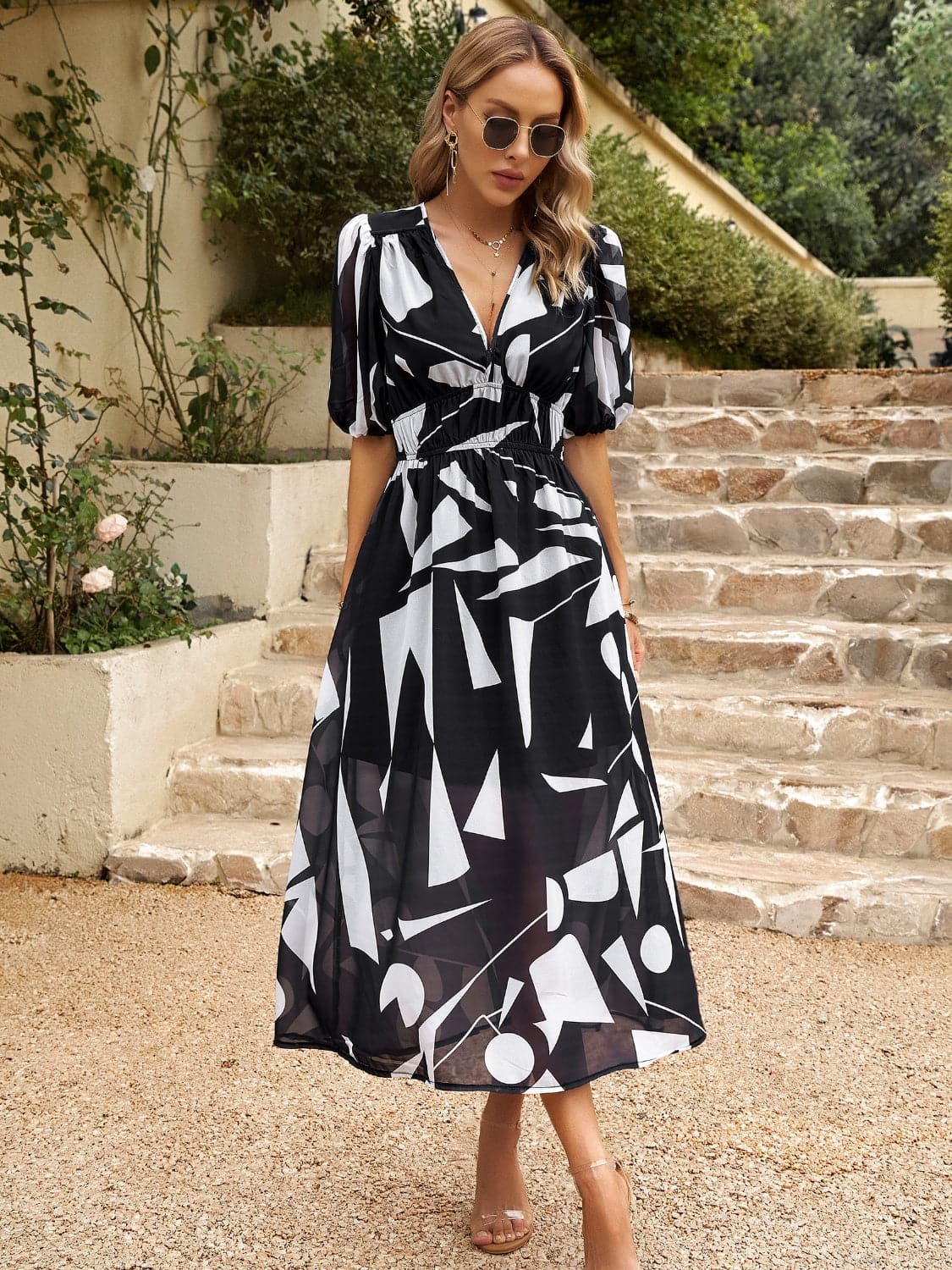 Smocked Printed V-Neck Half Sleeve Midi Dress.