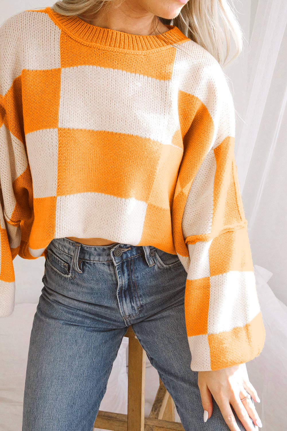 Chic orange checkered bishop sleeve knit sweater