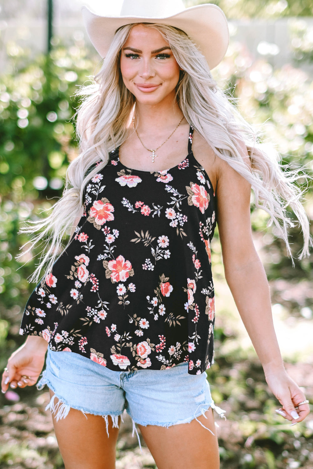 Chic black floral strappy tank top with daring back design