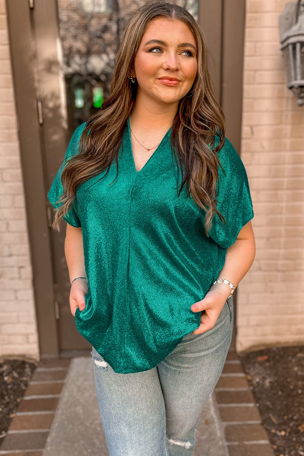 Skobeloff Metallic Look V Neck Plus Size Tee