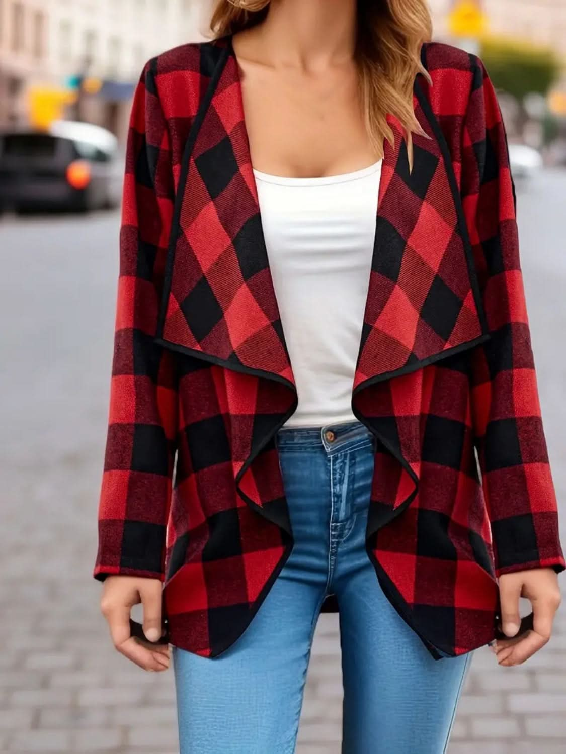 Chic plaid long sleeve open-front jacket