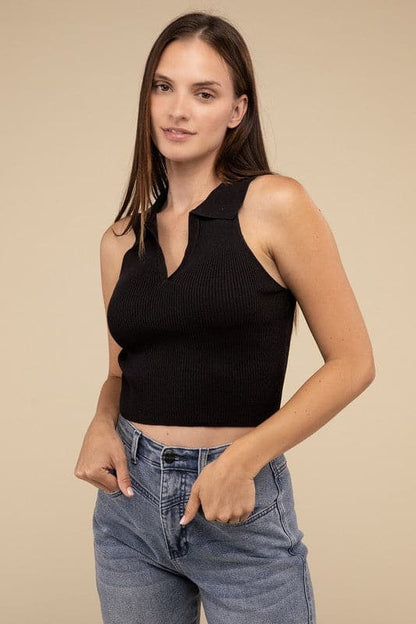 Sleeveless Collared Crop Knit Top.