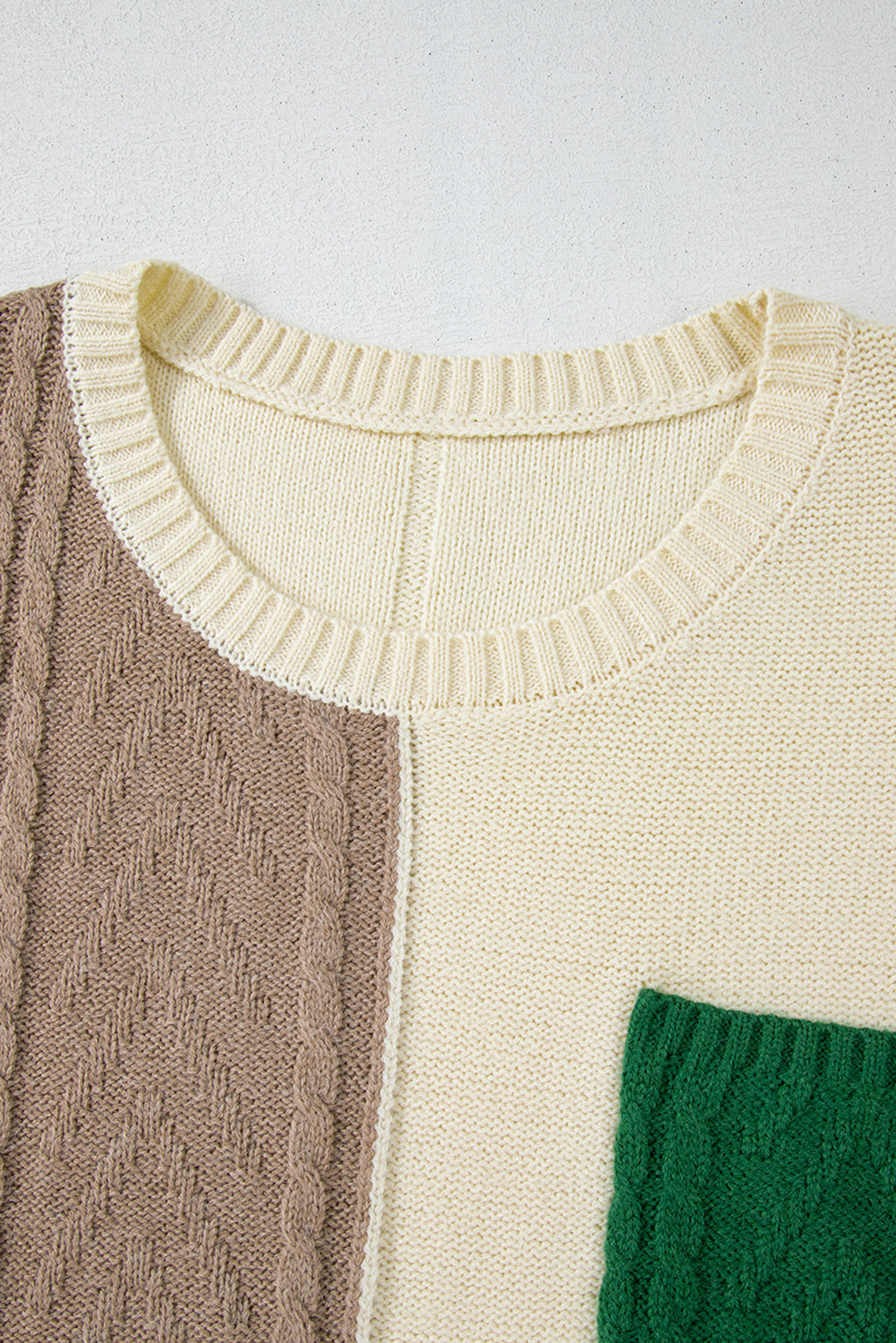 Mist Green Plus Size Color Block Cable Knit Sweater with Drop Shoulders