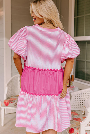 Chic pink striped block puff sleeve plus size dress