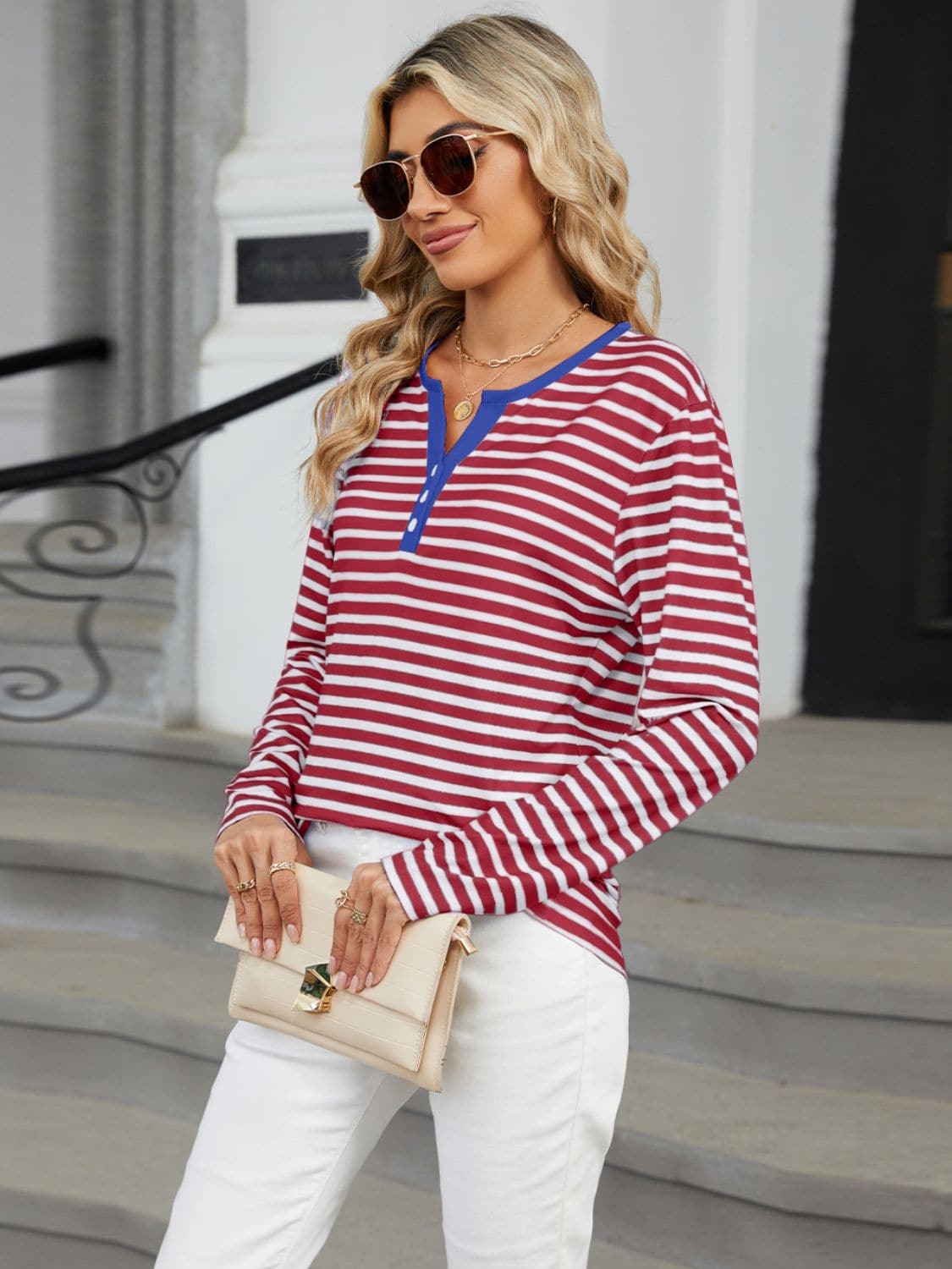 Striped Notched Long Sleeve T-Shirt.