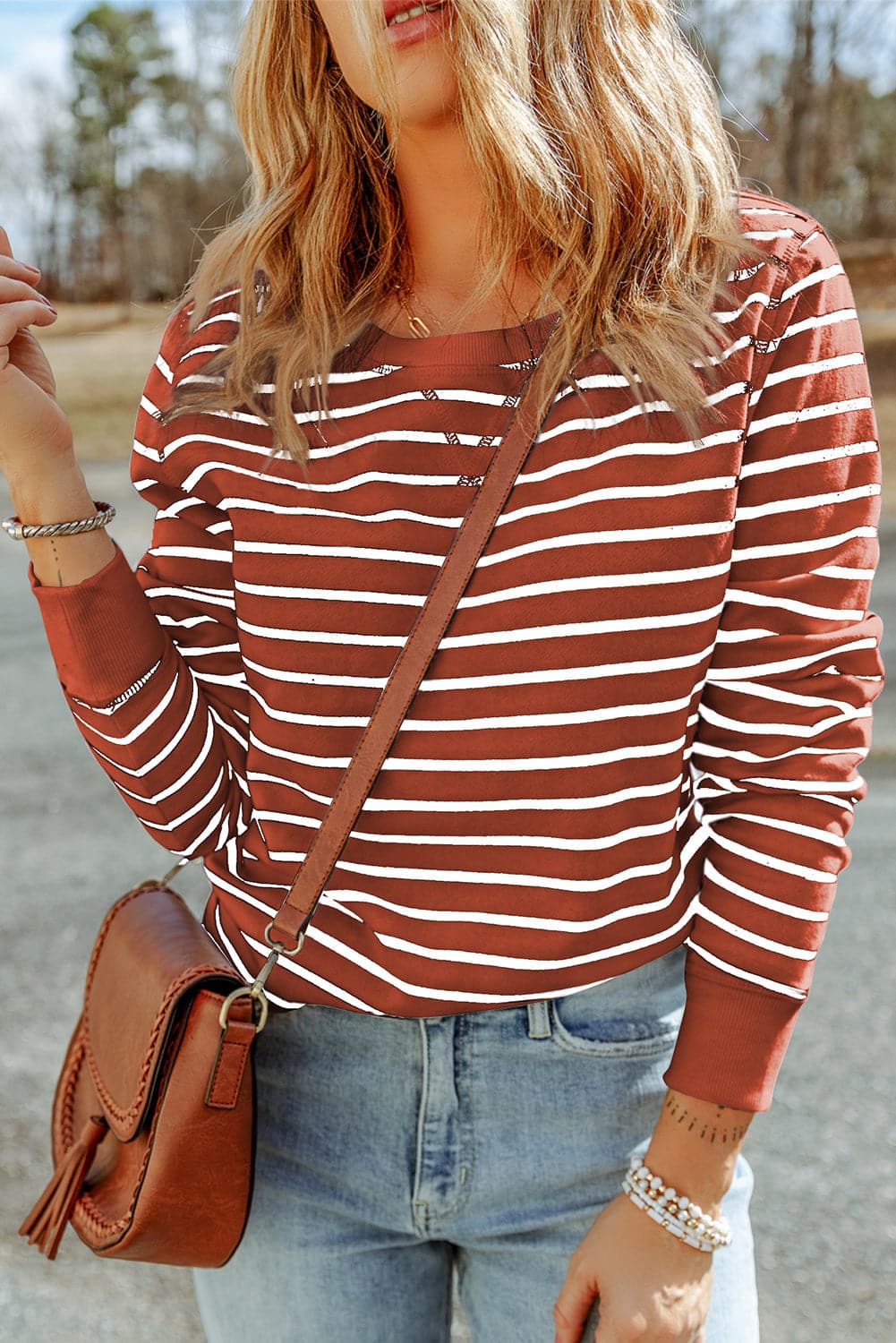 Striped Round Neck Long Sleeve Sweatshirt.