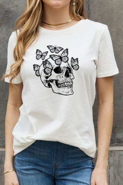 Chic butterfly skull graphic cotton t-shirt