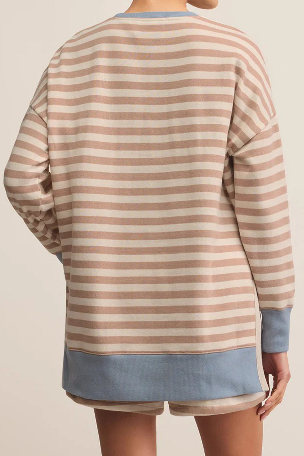 Khaki Color Block Stripe Patchwork Oversized Pullover 2 Piece Shorts Set Dear-Lover Dropshipping