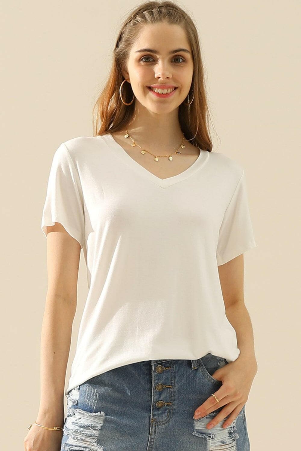 Ninexis Full Size V-Neck Short Sleeve T-Shirt.