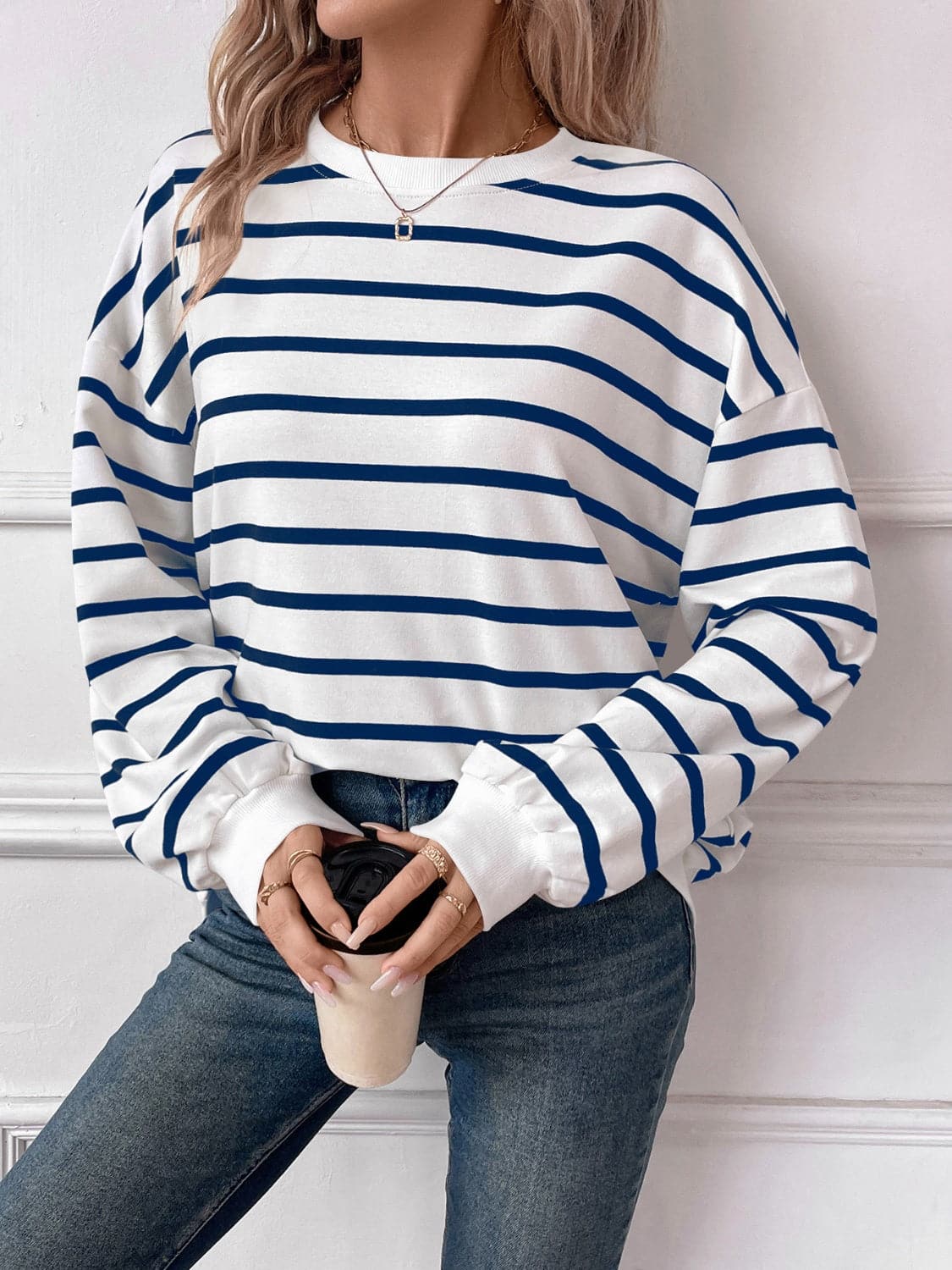 Striped Round Neck Long Sleeve Sweatshirt.