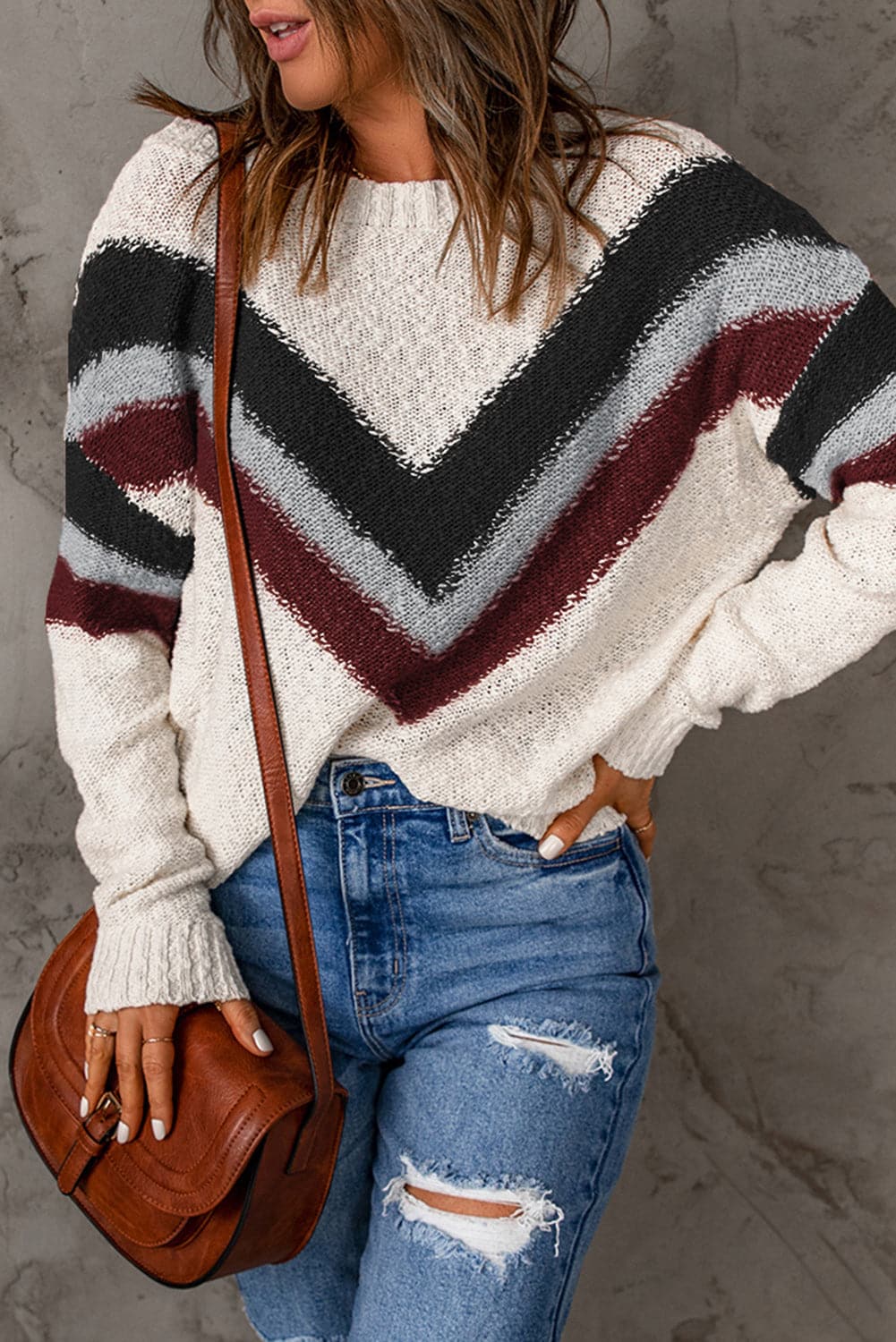 Contrast Round Neck Dropped Shoulder Sweater.