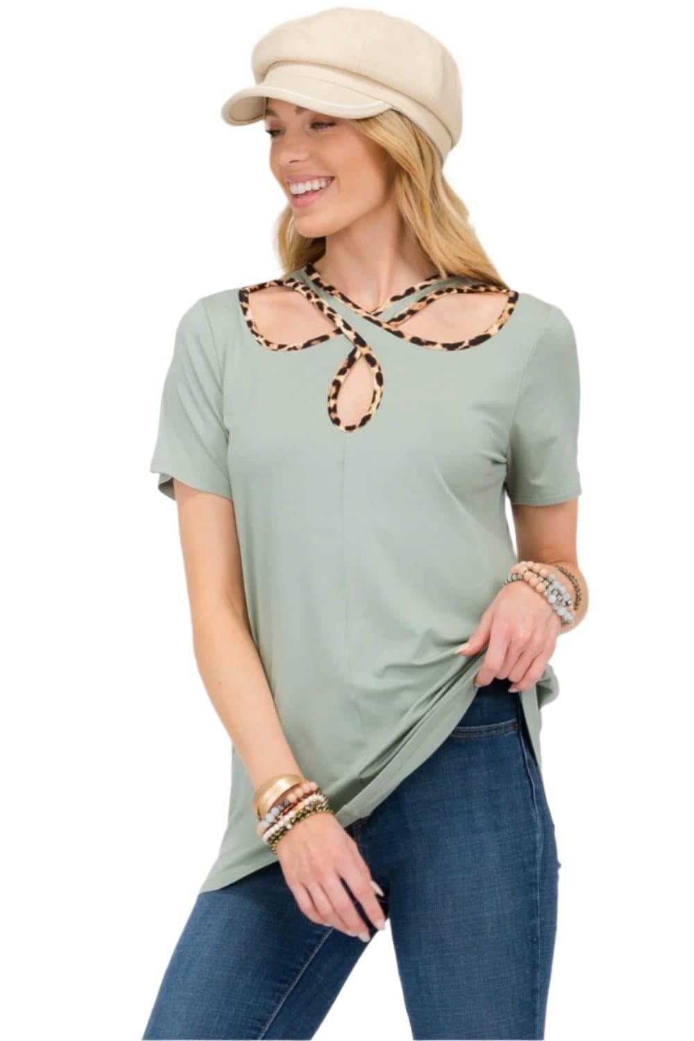 Celeste Full Size Crisscross Cutout Leopard Contrast Trim T-Shirt.