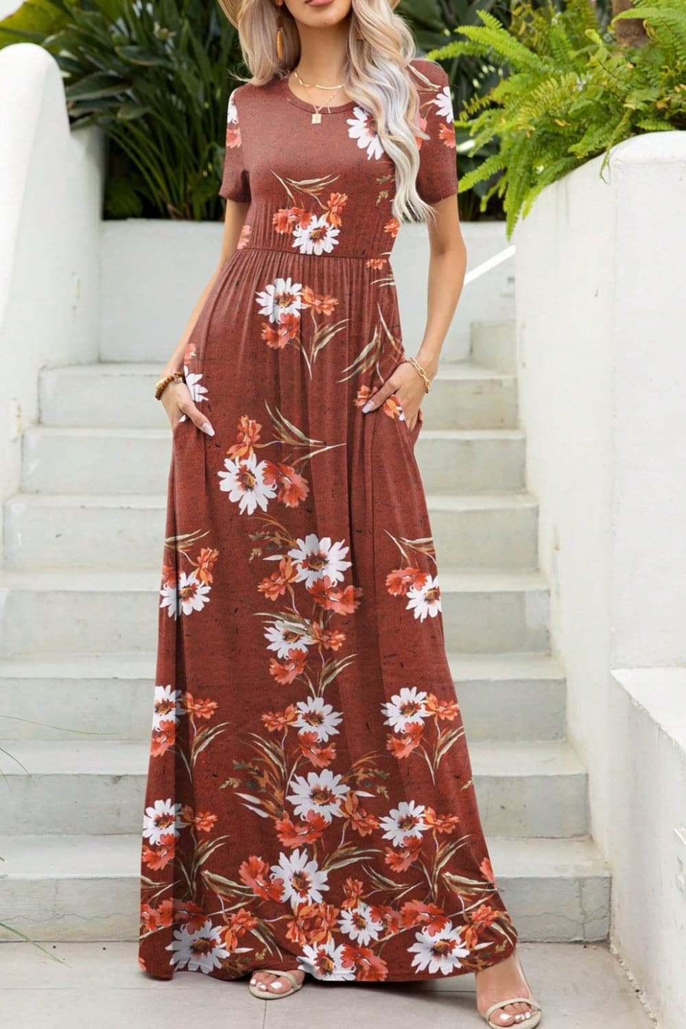 Printed Round Neck Short Sleeve Maxi Dress.