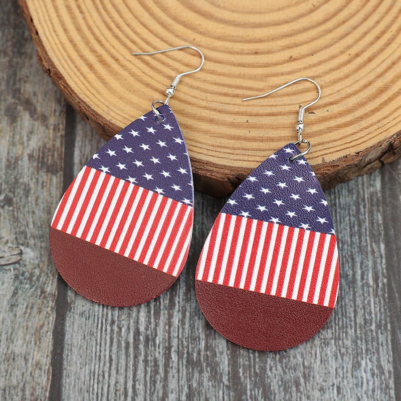 Stars and Stripes PU Leather Teardrop Earrings.