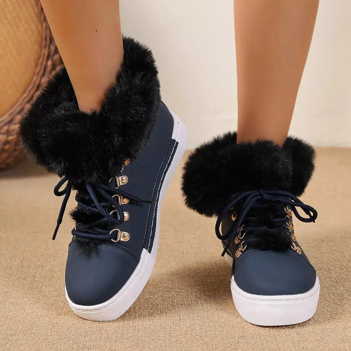 Fuzzy Trim Lace-Up Ankle Boots Simply Love