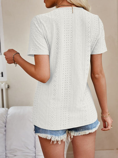 Eyelet V-Neck Short Sleeve Top.