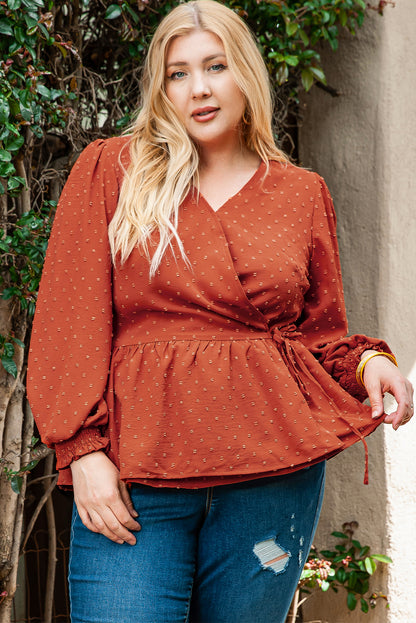 Elegant plus size Swiss dot wrap blouse with tie detail