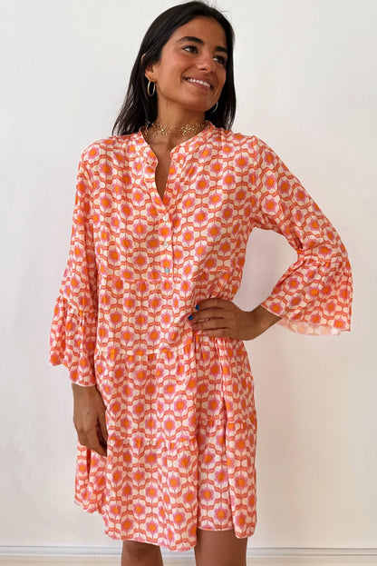 Chic Orange Floral Print Flounce Sleeve Buttoned Front Mini Dress