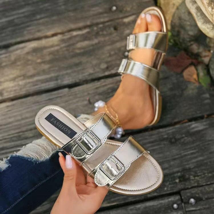 Open Toe Double Buckle Sandals.