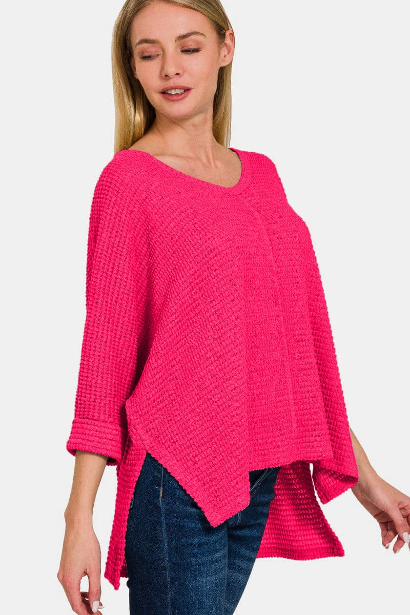 Zenana V-Neck High-Low Jacquard Knit Top.