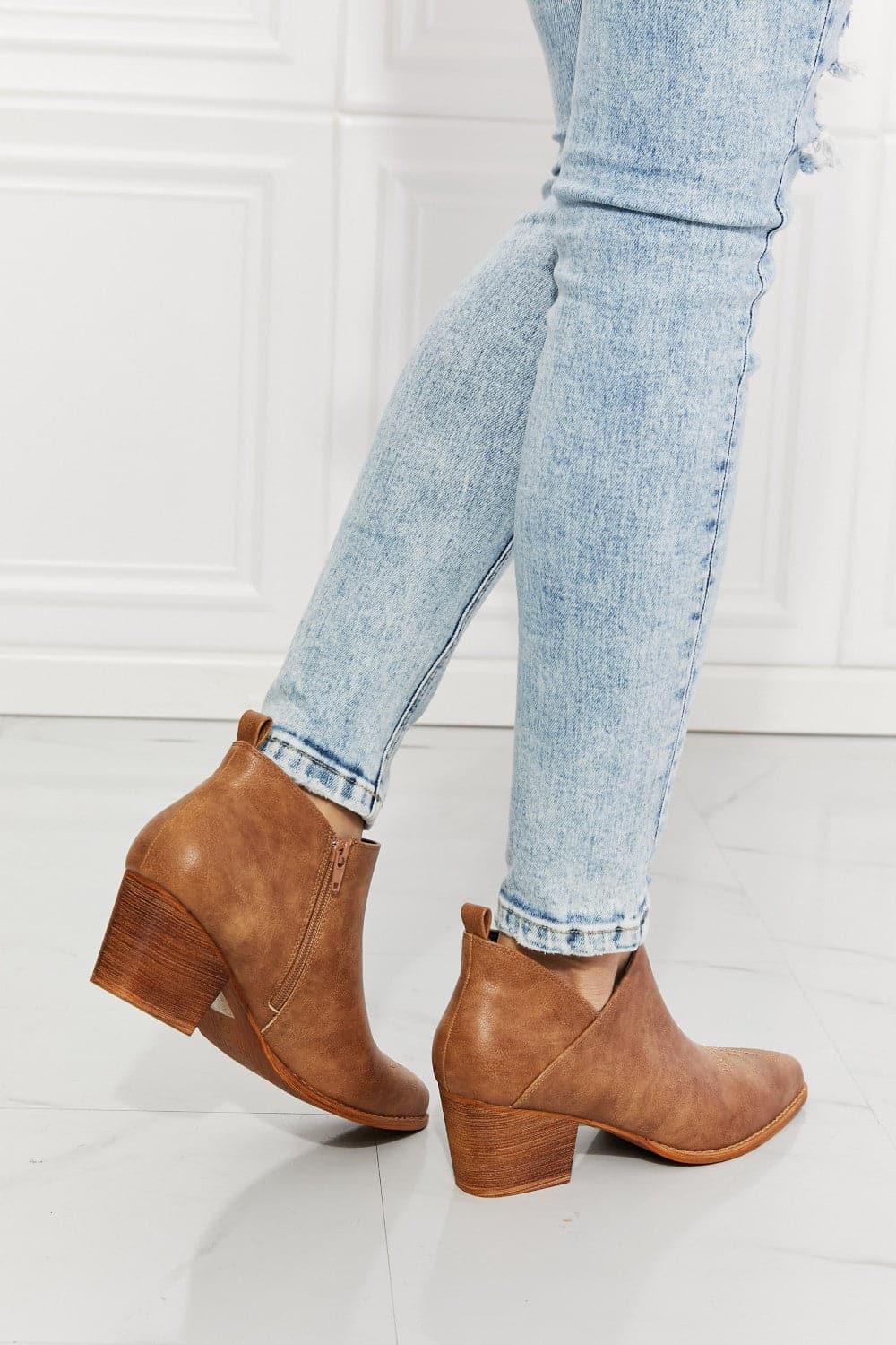 MMShoes Trust Yourself Embroidered Crossover Cowboy Bootie in Caramel.